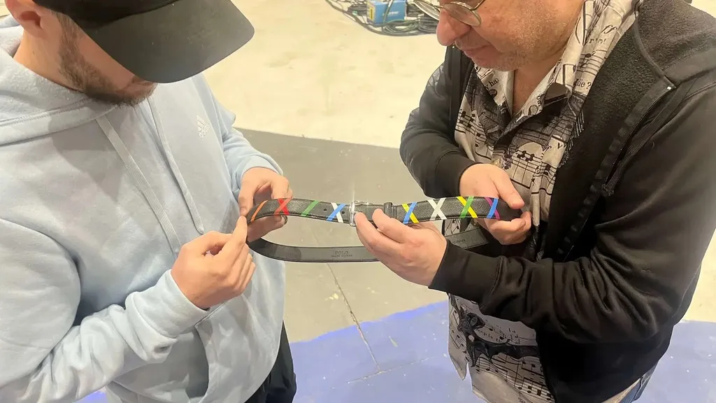 Two men hold and examine a black belt on a film set. The person on the left wears a light gray hoodie, and the person on the right wears a shirt featuring a sheet music pattern. The belt is marked with colorful X's.