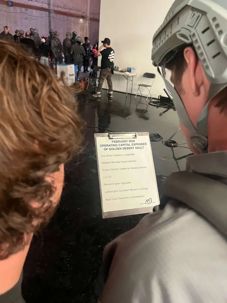 A person on a film set in a tactical helmet reads a list clipped to a metal clipboard. The list is titled "February 2026 Operating Capital Expenses of Golden Desert Vault." Film crew and equipment are visible in the background on set.